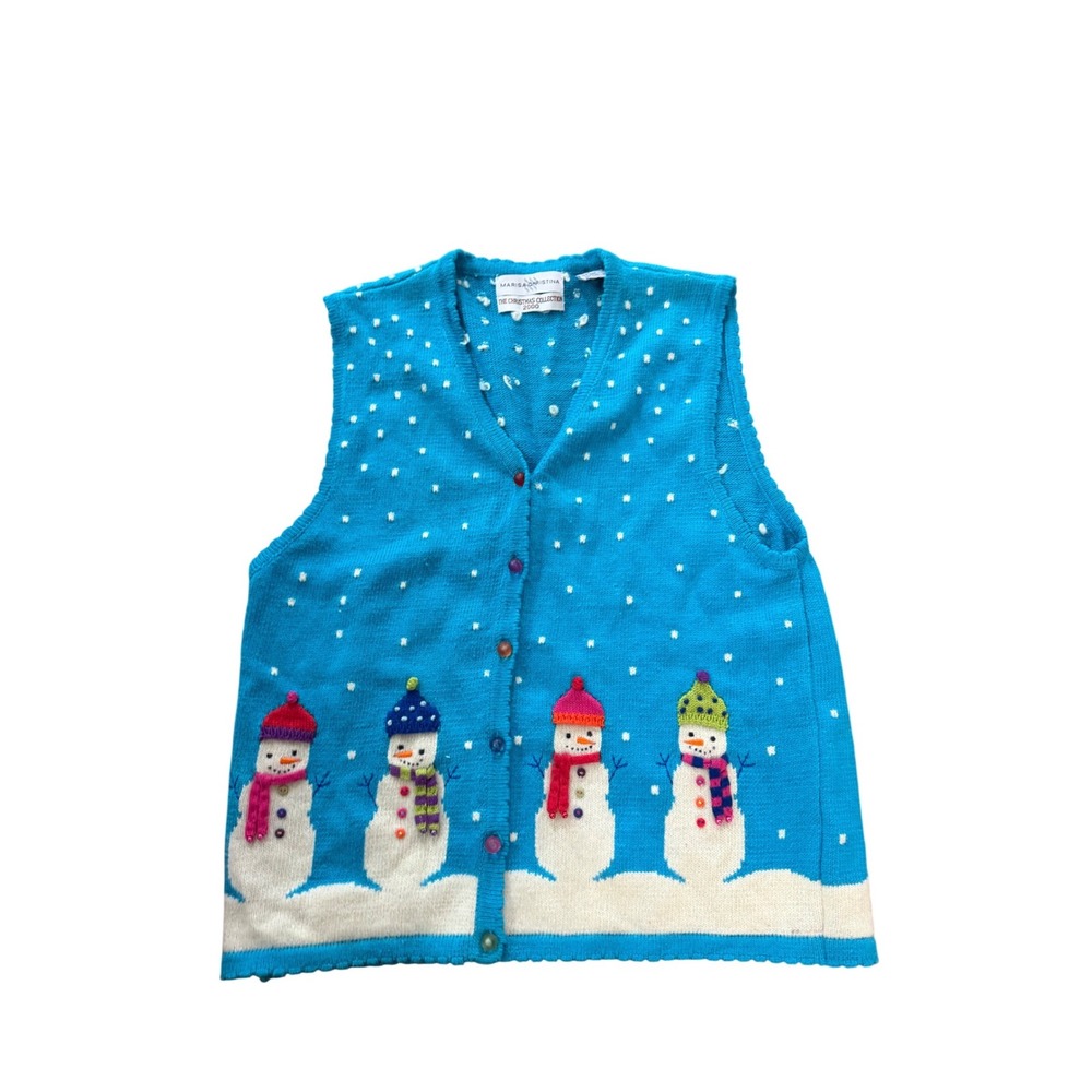 Marisa Christina Snowman Ugly Christmas Sweater Vest Blue Beaded XL Vintage 2000